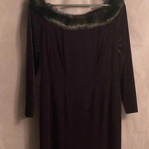 Black velvet faux mink fur knee length cocktail dress